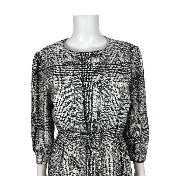 Vintage 80s Houndstooth Dress Womens Medium Black White Printed Day Sheath - Picture 4 of 10